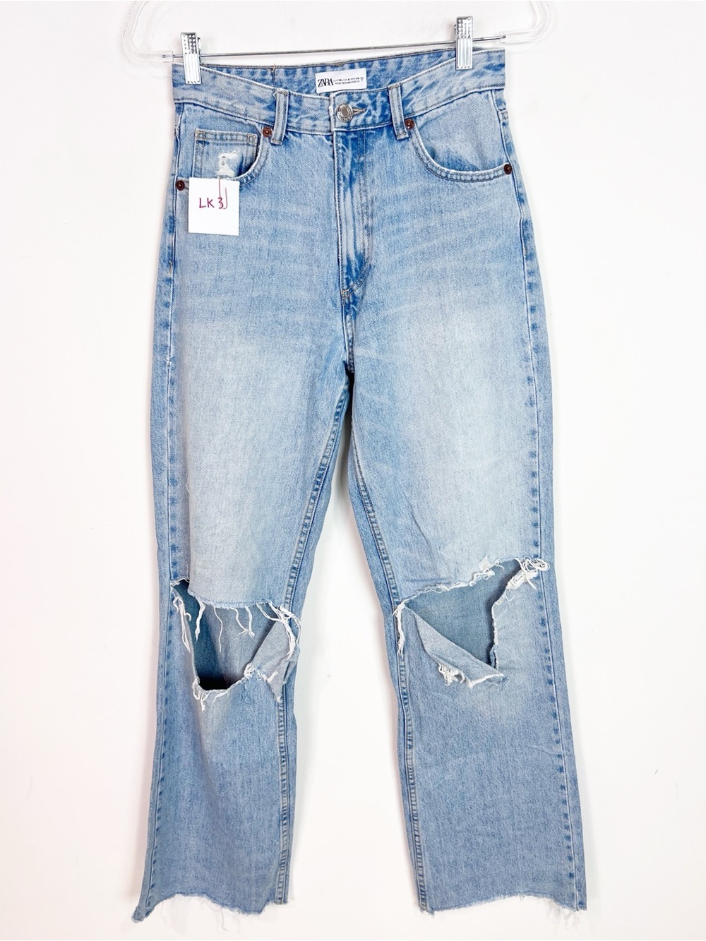 ZARA DISTRESSED KNEES WIDE LEG HIGH RISE FRAY HEM JEANS ZIP FLY SZ 4